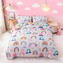 Btargot Lightweight Soft 3 Piece Rainbow Comforter Set with 2 Pillow Covers, Cartoon Leaves Flowers and Sun Star Bedding Set for Girls Boys Kids, Full White