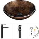Bathroom Artistic Vessel Sink, Tempered Glass Vanity Round Bowl with Black Faucet and Pop up drain Set, Brown, 16.5 x 5.5 inches