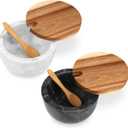 Salt Cellar Box with Lid & Spoon, Modern White Stone Salt or Pepper Sugar Spice Seasoning Bowl Container Jar Holder Well Keeper Dish Pig Crock for Kitchen (Marble Bowl Set)