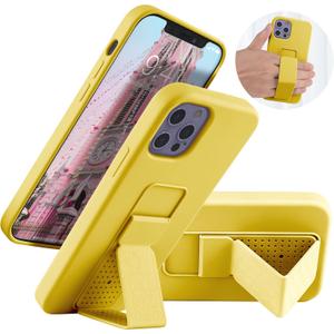 LAUDTEC Silicone Kickstand Case Compatible with iPhone 12/12 Pro, Vertical and Horizontal Stand Hand Strap Metal Kickstand Cover, Flexible Soft Liquid Silicone Stand Case for iPhone 12/12 Pro (Yellow)