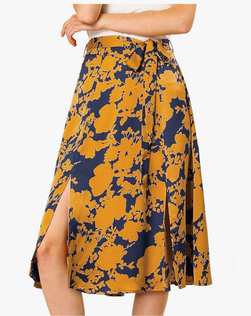 Allegra K Women's Slits Front High Waist A-Line Belted Floral Flowy Midi Skirt, Size XS
