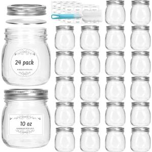 10 oz Glass Mason Jars, 24 Pack Regular Mouth Glass Canning Jars with Silver Aluminum Lids and Bands, Airtight Jam Jars for Food Storage, Pickling, Fermenting, Honey, Jelly, DIY Candles Decor