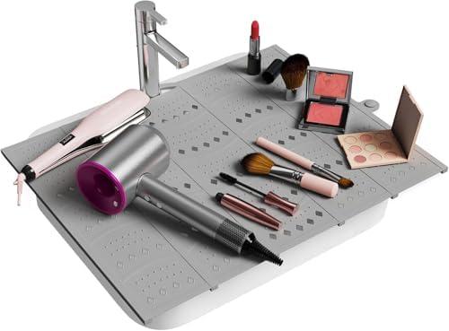 Johamoo Bathroom Sink Cover for Counter Space, Sink Mat Foldable Sink Cover, Silicone Makeup Organizer Mat Space Saver, Small Bathroom & Rv Camper Travel Must Haves Accessories, Grey