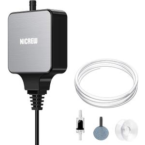 NICREW Nano Silent Aquarium Air Pump Black, Aquarium Aerator with Accessories for Up to 10 Gallon Fish Tank, Super Quiet, 0.3 L/min, 1.5 Watts