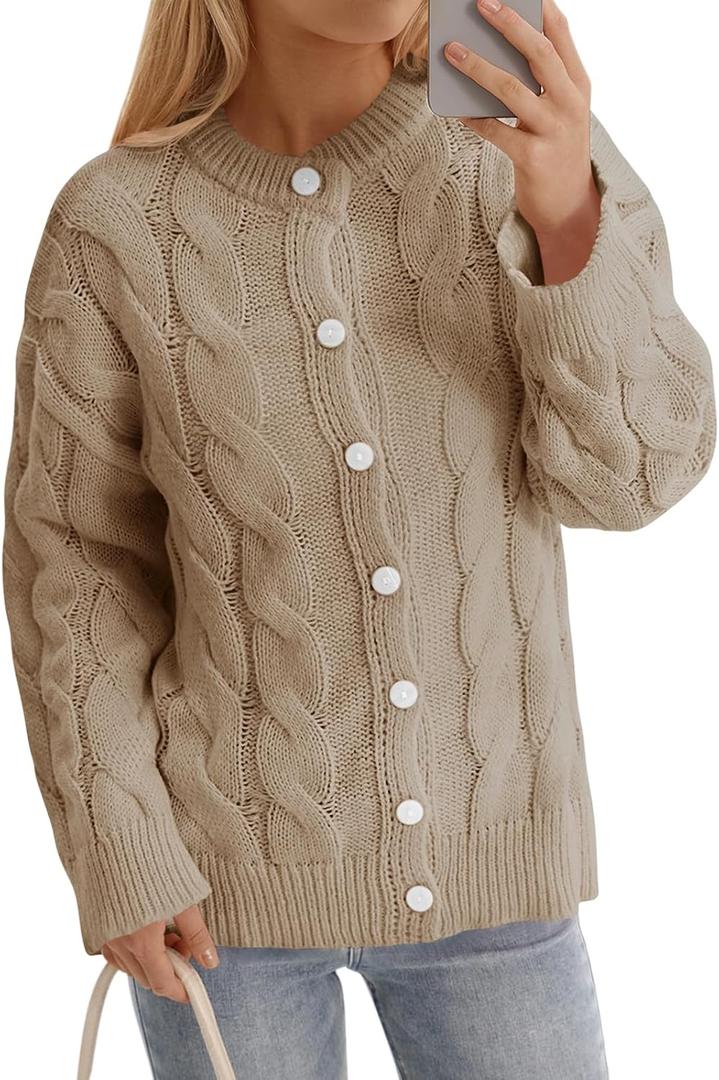 Saodimallsu Womens Cable Knit Cardigan Sweaters Long Sleeve Button Down Crewneck Casual Loose Fall Sweater Coats (Beige, M)