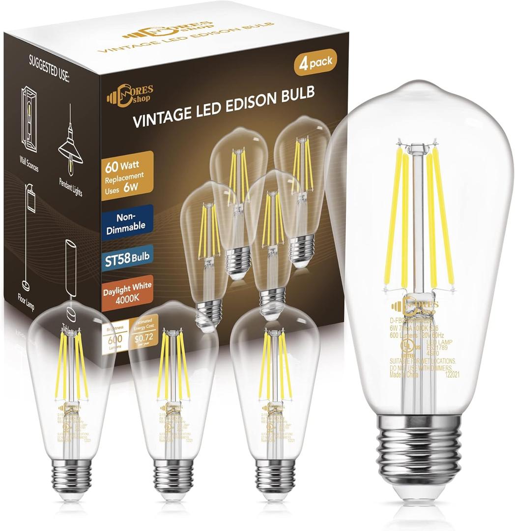 3 x DORESshop 6W Vintage Led Edison Bulbs, Daylight White 4000K, 60W Equivalent, ST58 Antique Style Edison Light Bulb with 80+CRI, 600LM, E26 Medium Base, Non Dimmable, High Brightness Clear Glass, 4Pack
