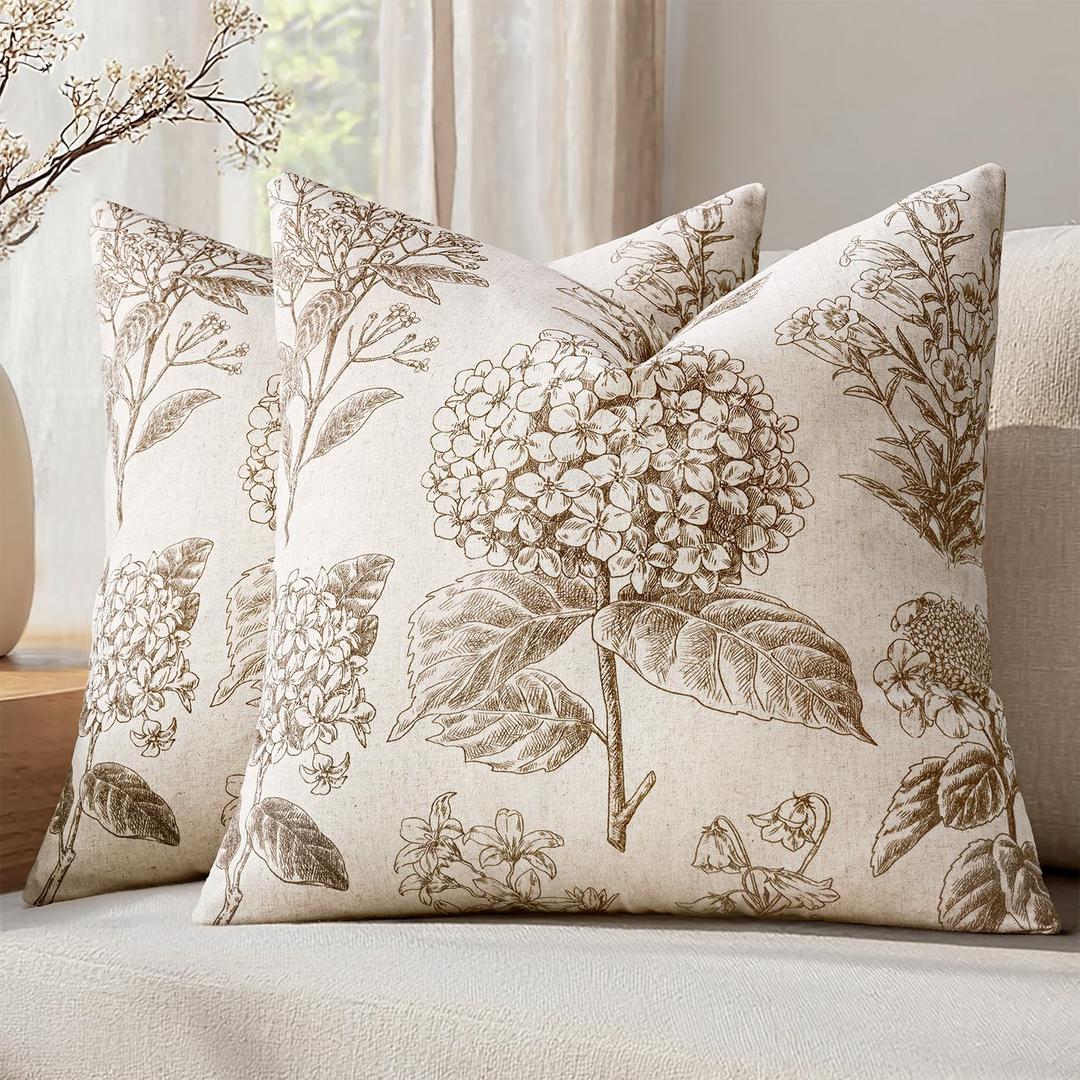 Set of 2 Decorative Floral Neutral Pillow Covers 18x18 Inch Light Brown Hydrangea Print Spring Boho Vintage Throw Cushion Covers for Sofa Couch Porch Bedroom Living Room Summer Home Decor