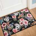 Floral Washable Entryway Rug 2x3 - Non-Slip Soft Low Pile Small Area Rug Kitchen Mat Entrance Rug Indoor Door Mat Throw Carpet for Bedroom Laundry Living Room, Black