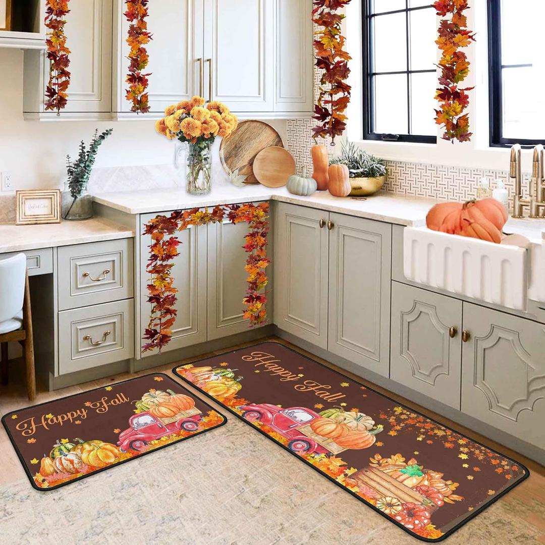 Red Truck Pumpkin Fall Kitchen Rugs Set of 2,Non Skid Washable, Home Seasonal Fall Holiday Party Autumn Harvest Thanksgiving Kitchen Mat 17"x47"+17"x30" (Color-75)