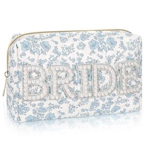 Large Quilted Cotton Bride Patch Letter Floral Makeup Bag for Women Bridesmaid Engagement Gift for Her Makeup Bag Pouch for Purse Bridal Shower Gifts for Engagement Wedding(Bride)