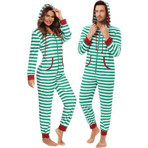 Veseacky Family Christmas Pajamas Matching Sets Adult Onesie Zipper Hooded Footed One-Piece Pjs Jumpsuits (X-Large, Men-green White Striped)