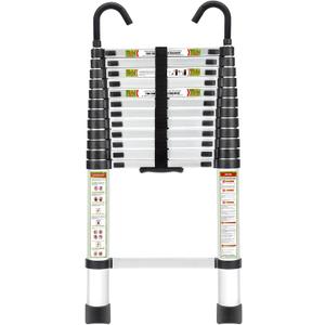 Telescoping Ladder, 16.5 FT Aluminum Lightweight Collapsible Ladder with Detachable Top Hooks, 330 lbs Max Load, Extension Ladder for RV, Roof and Construction, Aluminum