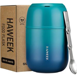 Insulated Soup Thermo 17oz - Stainless Steel Vacuum Lunch Box for Adults, Kids Leakproof Hot Food Container with Handle Folding Spoon (School Office Outdoor) (17oz-Gradient Dark Green)