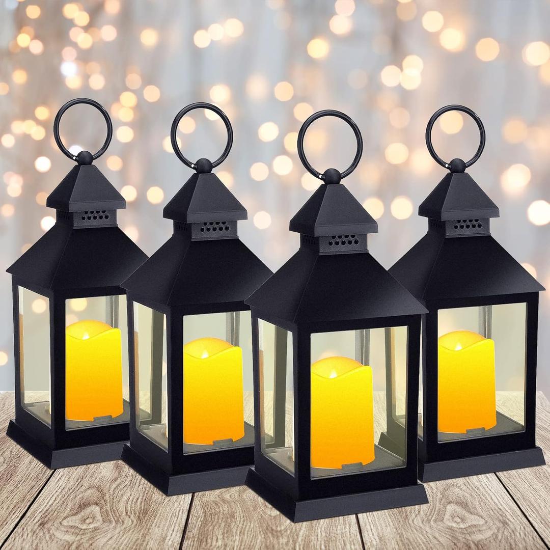 4 Pcs Lanterns Decorative 11.4 Inch Vintage Halloween Tall Lanterns Hanging with Flashing LED Pillar Candles Battery Operated Candles Waterproof for Ramadan Wedding Outdoor Decor