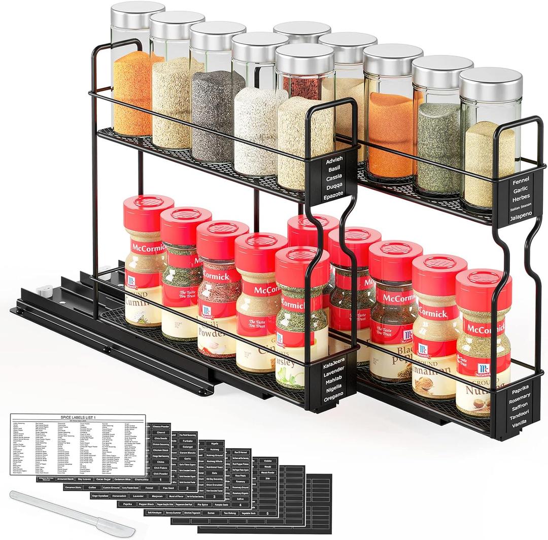 SpaceAid Pull Out Spice Rack Organizer for Cabinet, Heavy Duty Slide Out Seasoning Kitchen Organizer, Cabinet Organizer, with Labels, 5.2" W x10.75 D x10 H, 2 Drawers 2-Tier