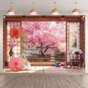 7x5ft Fabric Spring Cherry Blossoms Backdrop Japanese Sakura Garden Photography Background Room Courtyard Indoor Party Decorations Photo Banner Props