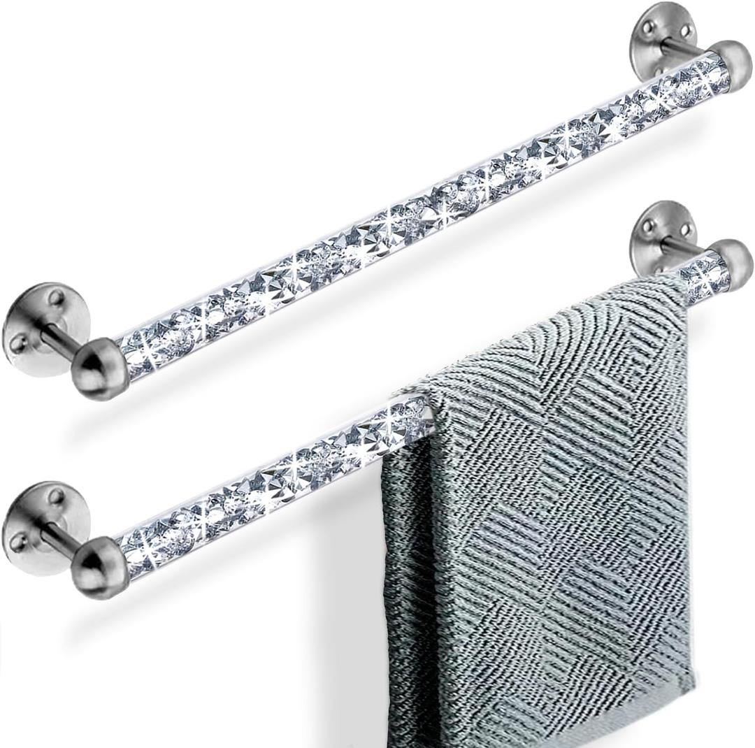 Meetart Crushed Diamond Glass Towel Bar for Bathroom,Set of 2 Towel Rods Wall-Mounted,Towel Racks for Bath Towels,Hand Towels(15.5) (Silver)