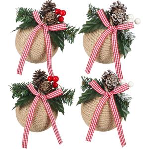 Civaner 4 Pcs 3.15 Inch Elegant Christmas Ball Ornaments with Pine Cones Farmhouse Neutral Rustic Linen Xmas Ornaments Rustic Christmas Tree Decoration Hanging Decor for Xmas Party Tree Home Decor