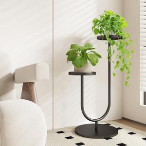 Bamworld Tall Plant Stand Indoor Modern Plant Stands for Indoor Plants 2 Pots Planter Holder Black Metal Plants Rack for Living Room Bedroom Decor