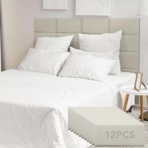 12 Piece Linen Fabric Peel and Stick Headboard, Upholstered Wall Mounted Headboard for Twin, 3D Anti-Collision Soundproof Self-Adhesive Wall Panel for Bedroom 23.62" x 9.84", 12 PACK
