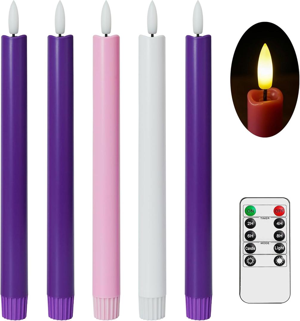 Flameless Advent Candles, Set of 5 - Flickering LED Flame, 10 Inch Taper Candlesticks, Remote Controlled - 3 Purple, 1 Pink, 1 White for Christmas Wreath