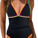 Popvil One Piece Swimsuit Women 2025 Neon Color Block Contrast Cross Strap Bathing Suit Modest Cute Swim Suits (Large, Black)