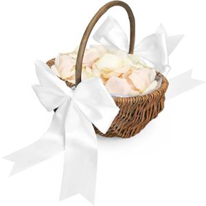 LemonRoad 1 Pcs Flower Girl Basket Wicker Rattan Small Flower Girl Baskets with Large White Ribbon Bow and Handle Retro Decoration Hand Woven for Wedding Candy Storage Picnic Home (Classic Style)