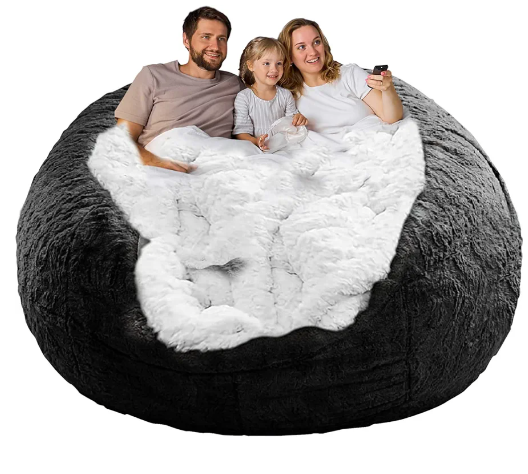 (No Filler) Bean Bag Chair Cover Without Filler,Big Round Soft Fluffy PV Velvet Washable Bean Bag Lazy Sofa Bed Cover for Adults,Living Room Bedroom Furniture Outside,6ft Black