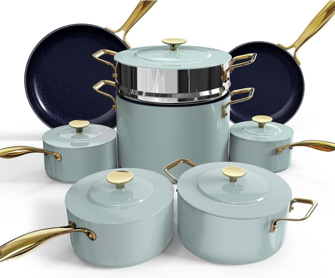 Nuwave Lux LE 13-Pc Cookware Set with Elegant Gold Handle, Diamond Infused Ceramic Non-Stick, PFAS Free, Premium Metal Lids, Ergonomic Stay-Cool Handles, Induction Ready & Compatible w/All Cooktops, Multiple