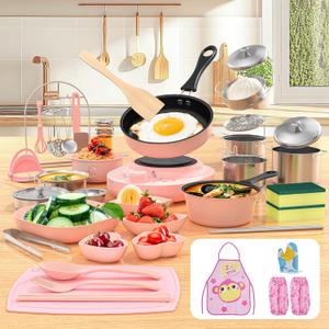 Kid Cooking Sets Real Mini Kitchen, Food Making for Beginner Children 8 9 10 11 12 Boys Girls Cooking Educational Toys, Junior Easy Safe Montessori Tools Dishes Knife Set-Pink