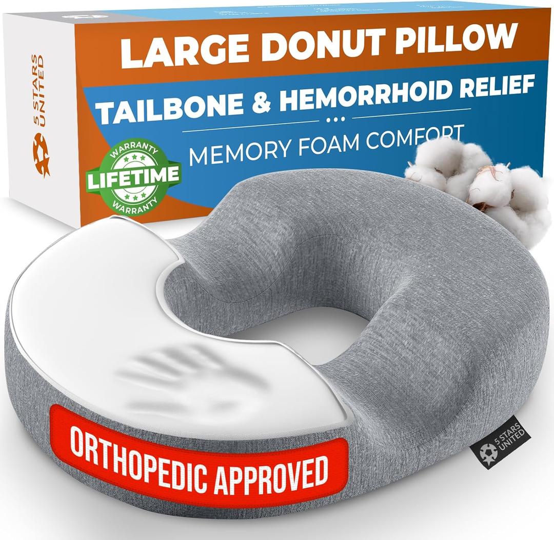 5 STARS UNITED Donut Pillow Hemorrhoid Tailbone Cushion  Large Cushion for Pain Relief  Coccyx, Prostate, Sciatica, Pelvic Floor, Pressure Sores, Pregnancy, Postpartum Recovery, Gray
