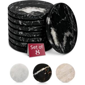 Gusto Nostro Black Marble Coasters Set of 8 - Modern Natural Stone Coasters for Drinks - Solid Marble Kitchen Accessories, Round Artisanal Stone Coaster for Kitchen Counter, Coffee Table, Countertop