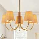 Boho Rattan Chandelier with Fabric Shade, Antique Gold Brass Farmhouse Chandeliers, 5-Lights Coastal Gold Pendant Light Fixtures for Dining Room Kitchen Island Living Room Hemp Rope