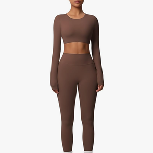 Buttergene Women Workout Sets 2 Pieces Long Sleeve Yoga Outfits Gym Clothes Seamless Ribbed Crop Top High Waist Leggings. M, Brown