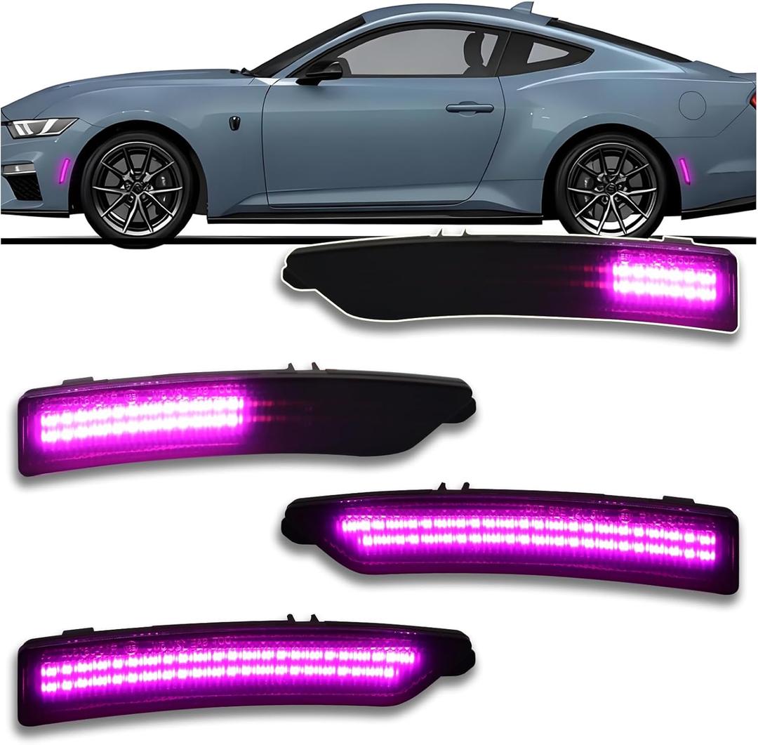 Smoke LED Side Marker Light Kit for 2024-2025 Ford Mustang (EcoBoost/GT/Dark Horse)- Dynamic Sequential Turn Signals | Pink/Purple Front & Rear | Plug & Play 4-Piece Direct Fit (Pink STYLE)
