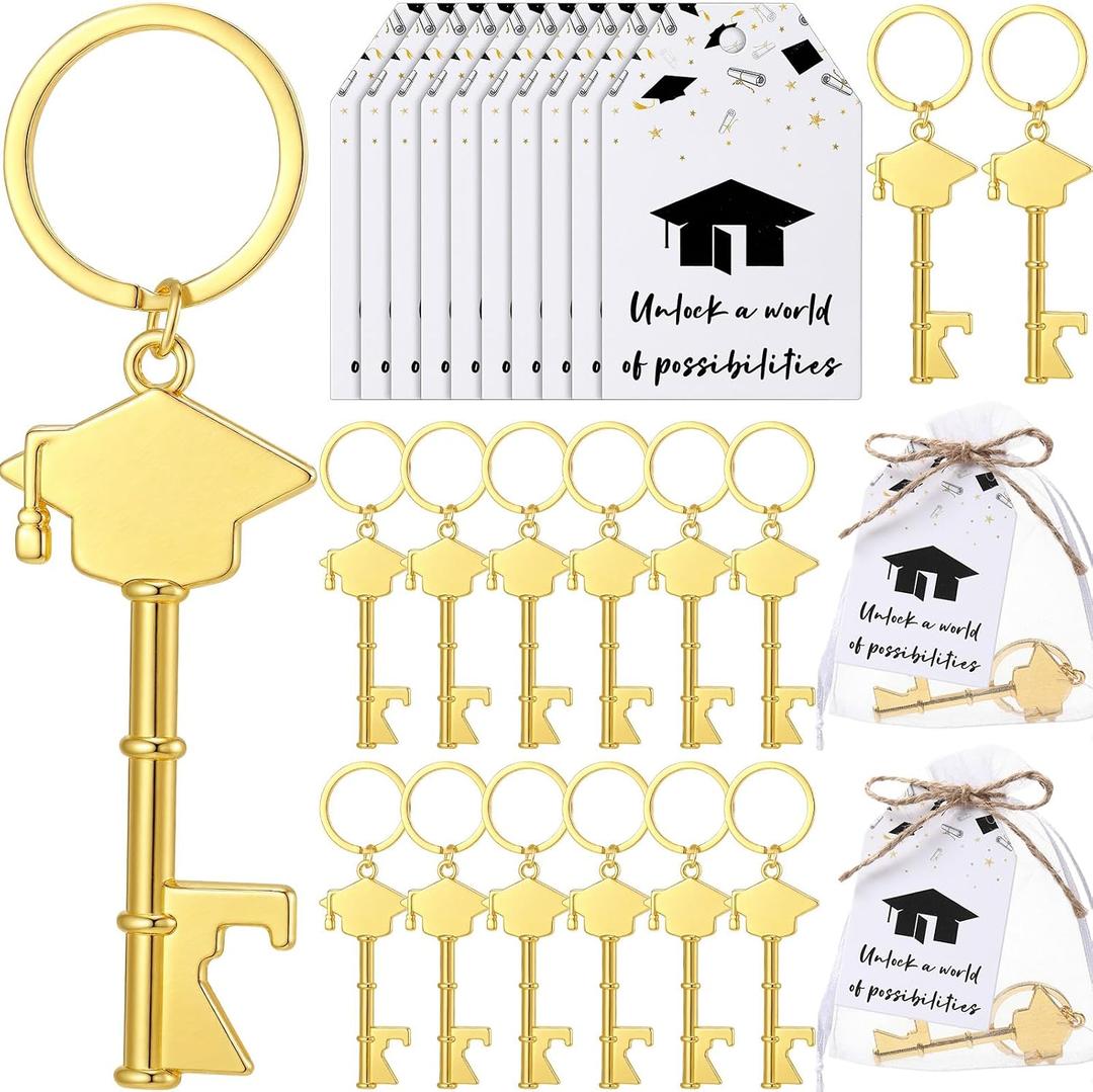 50 Sets Graduation Party Favor for Guest 2026 Graduation Cap Bottle Opener Keychain with Inspirational Cards Class of 2026 Gifts College Celebration School Party Supplies (Gold)