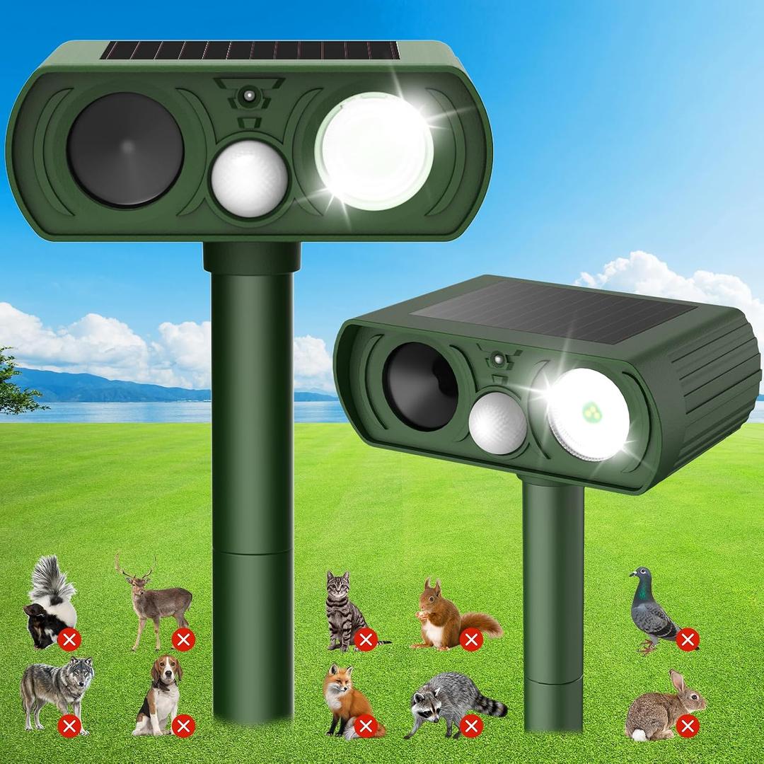 Solar Ultrasonic Animal Repellent Outdoor, Deer Repellent Devices Waterproof, Cat Squirrel Rabbit Dog Raccoon Deterrent Animal Repeller with Motion Detection, Keep Skunk Away for Yard, Green, 2 Pack