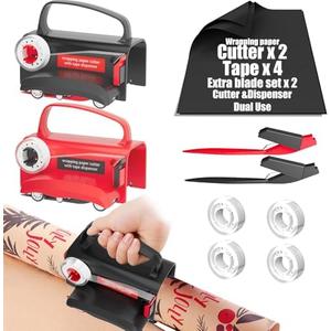 2-Pack Wrapping Paper Cutter & Tape Dispenser, Make Cutting Easily Safely and Efficient, Straight Sliding Tool for Christmas Gift, with 4 Tapes, 2 Replace Blades Kit, Black and Red