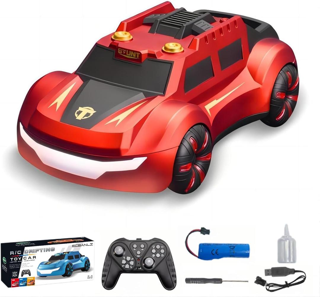 Dual Spray Remote Control Car, RC Drift Car for Kids, Model Racing Car with Cool Led Lights, Rechargeable Electric Vehicle Toy, Birthday Gifts for Age 3 4 5 6 7 8-12 Year Old Boys Girls (Red)