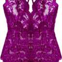 Women One Piece Lingerie Sexy Teddy V Neck Bodysuit Lace Nightie (Purple, XXL)