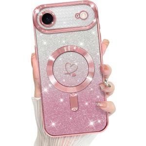 Bonoma Compatible with iPhone Air Case 2025 Support for MagSafe, Plating Heart Glitter Magnetic Case TPU Camera Protection Back Cover for Phone Case -Pink