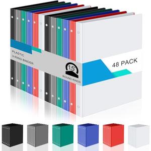 Fulmoon 48 Pack 3 Ring Plastic Binders 1.5 Inch Bulk with 2 Pockets, Flexible Binder Loose Leaf Hardcover, Fit 12" x 10" US Letter Size Paper, for School Office Home, 6 Colors(Classic)