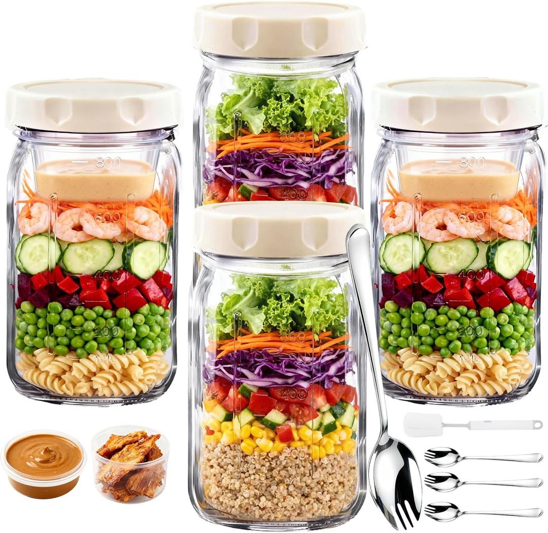 9PCS Salad Meal Prep Containers, 32oz Large Glass Salad Jars with Lids Meal Prep with 4 Forks, Leakproof Salad Container for Lunch with Separate Wet/Dry Dressing Cups for Home, Office and Outdoor