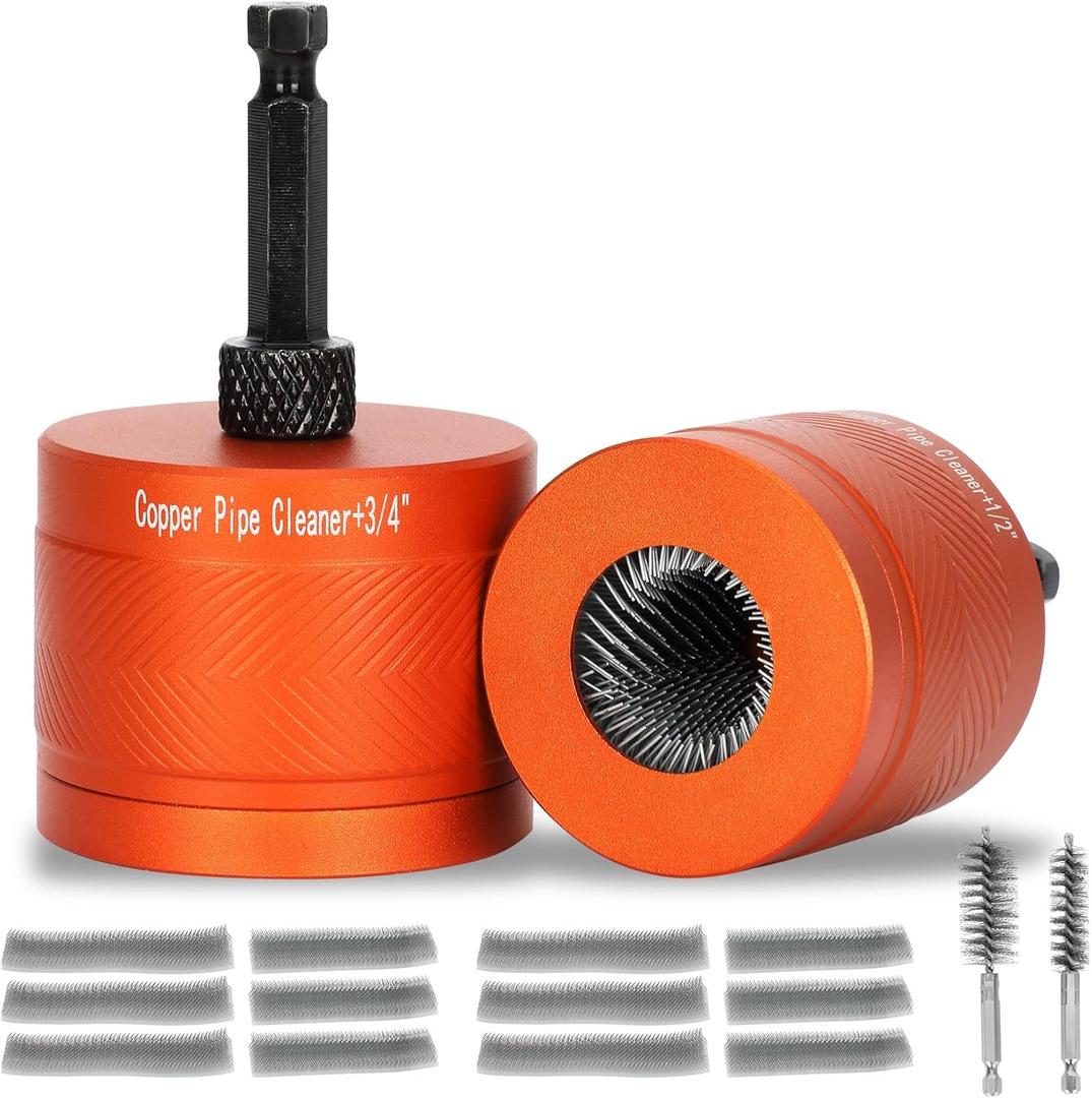 1/2" & 3/4" Metal Copper Pipe Cleaner Set, Featuring 6 Replaceable Brush Cloths and 2 Metal Pipe Cleaning Brushes,is Designed for Cleaning Rust, Stains, Paint and polishing on Copper Pipe