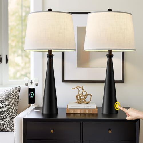 Oneach 25.75" Table Lamps Set of 1 for Living Room Bedroom, Bedside Lamp 3-Way Dimmable Touch Control, Modern Black Nightstand Light Fabric Shade Vintage Accent Style, Black