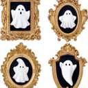 Wesiti 4 Pcs Halloween 3D Ceramic Ghosts with Vintage Resin Framed Mini Cute Sculpture Statue Wall Decoration Small Scary Ghost Figurine Halloween Sculptures for Wall Living Room Bedroom Home Decor