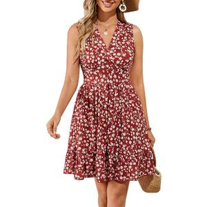 Womens Summer Wrap V Neck Sundress Sleeveless A Line Tank Dress with Pockets, Red, L