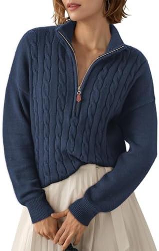 Dokotoo Women's Sweaters 2026 Fall Winter Quarter Zip Casual Ribbed Cable Knit Pullover M