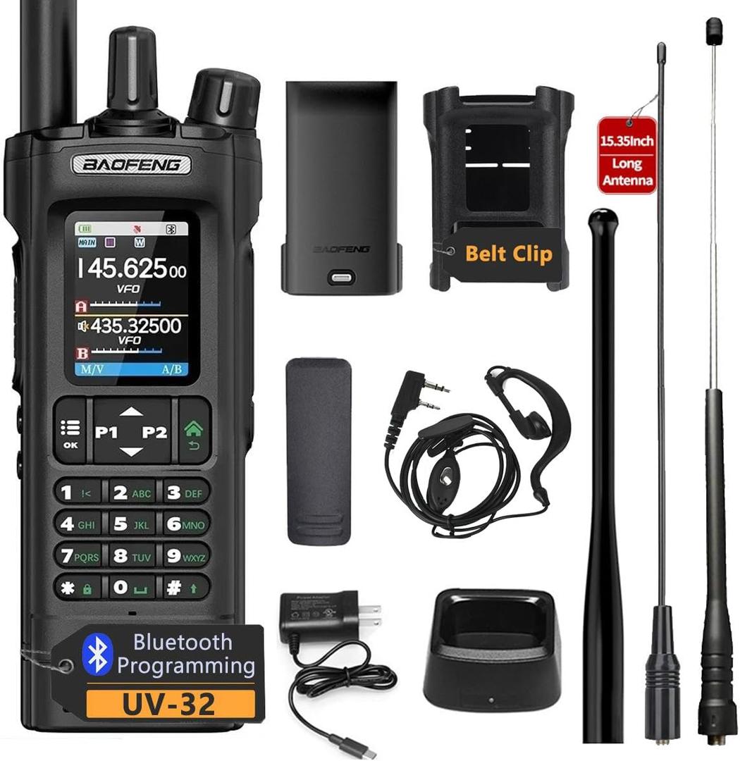 BAOFENG UV-32 10W High Power Long Range Walkie Talkie Bluetooth Programming Multi Band Rechargeable GPS Type-C Two Way Ham Radio with Belt Clip 771 and Telescopic Antenna for Family Trip Hiking Black