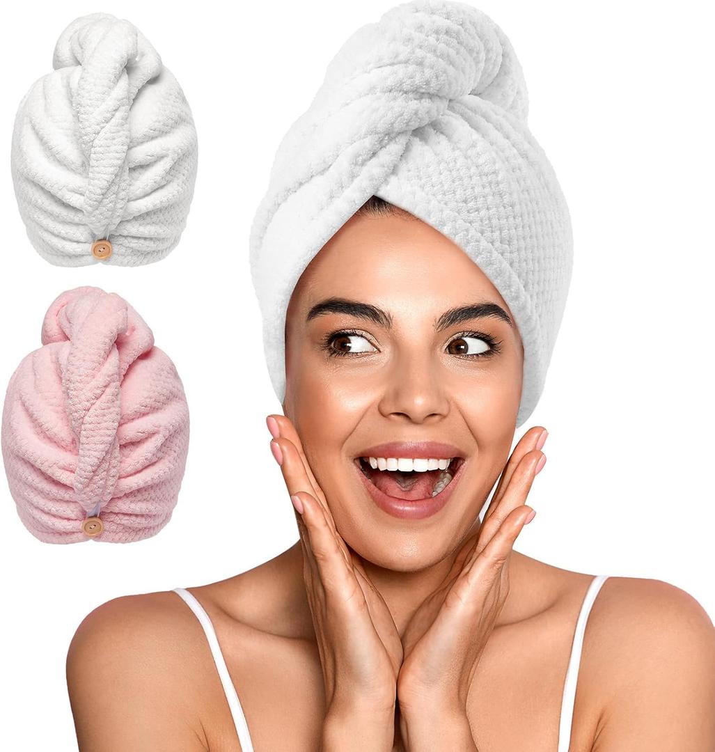 YFONG 2 Pack Microfiber Hair Towel Wrap for Women, Super Absorbent Quick Dry Hair Turban for All Hair Style Anti Frizz, Large Hair Drying Towel with Button (Standard: 26"X10", White/Pink)